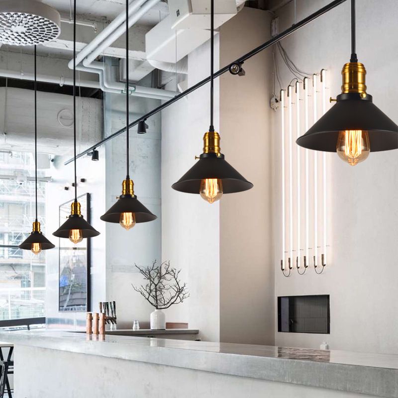 8.5"/10"/12" Wide Industrial Tapered Pendant Light 1 Light Metal Hanging Lamp in Black for Restaurant