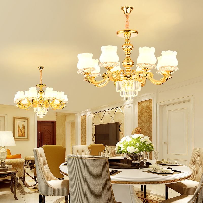 Retro Style Bud Suspension Light Cream Glass Chandelier Light with Layered Crystal Decor in Gold