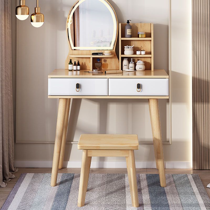 Mirror Table Dressing Table Solid Wood Make-up Vanity with 2-Drawers