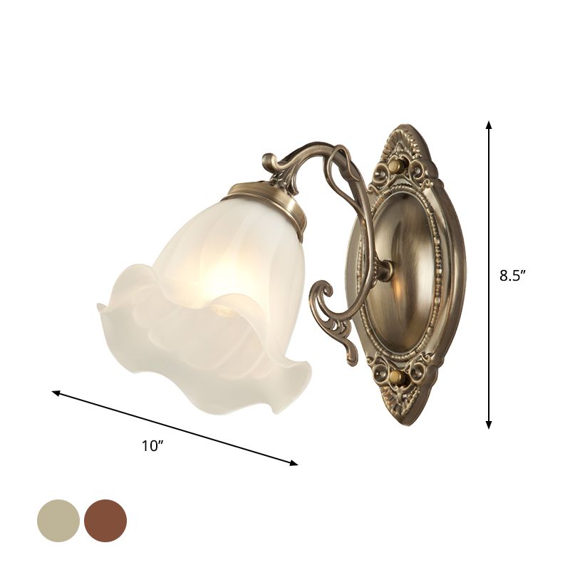 Frosted White Glass Ruffle Sconce Light Traditional 1/2-Head Corner Wall Mount Light in Bronze/Copper