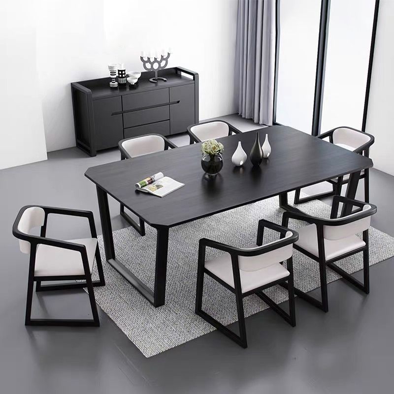 Rectangle Industrial Dining Table Black Ashwood Solid Wood Fixed Table