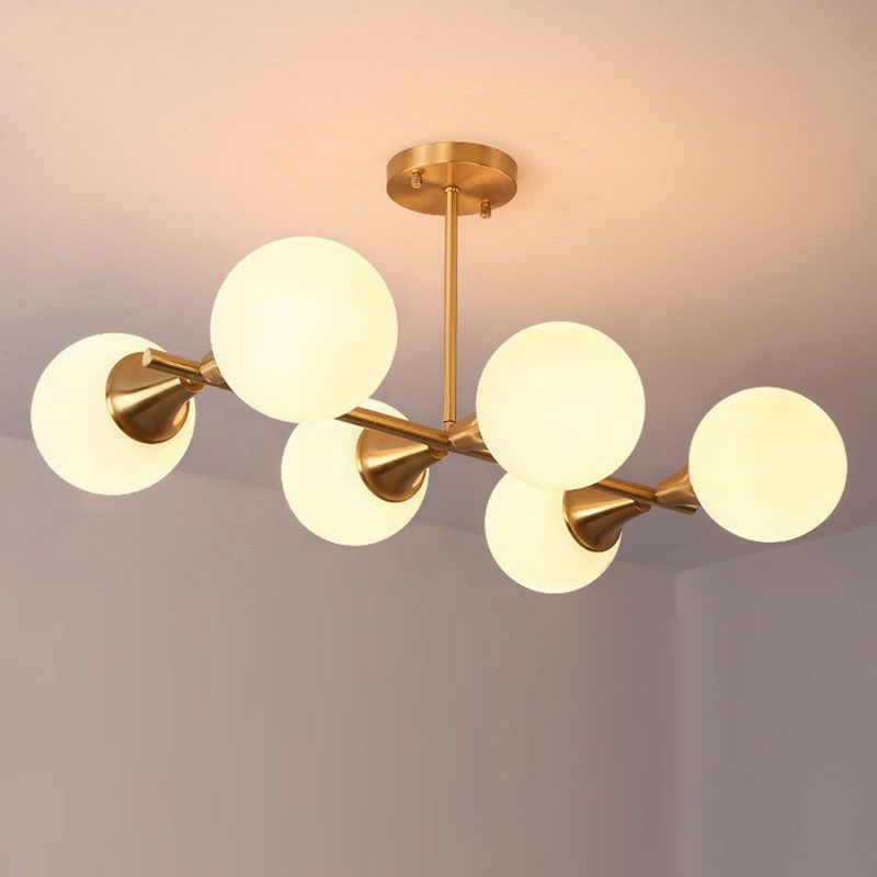 Finition en laiton Linear Island Light Postmodernisme 6-Light Metal suspendu suspendu avec une teinte en verre à billes