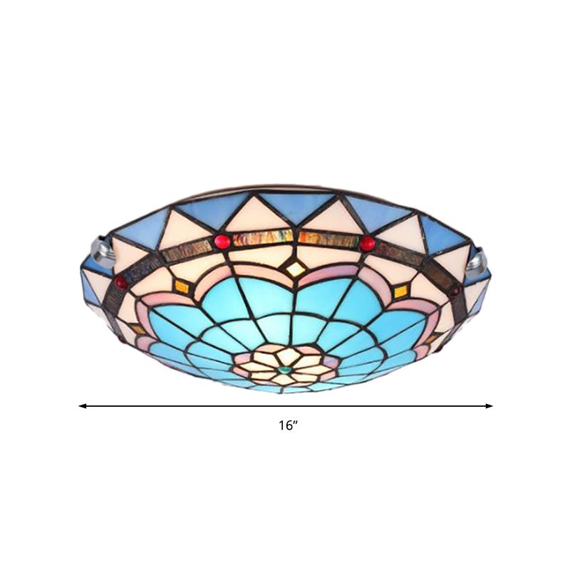 12"/16"/19.5" Wide Baroque Bowl Flush Ceiling Light Stained Glass Indoor Flush Mount Light in Blue/Blue-Brown
