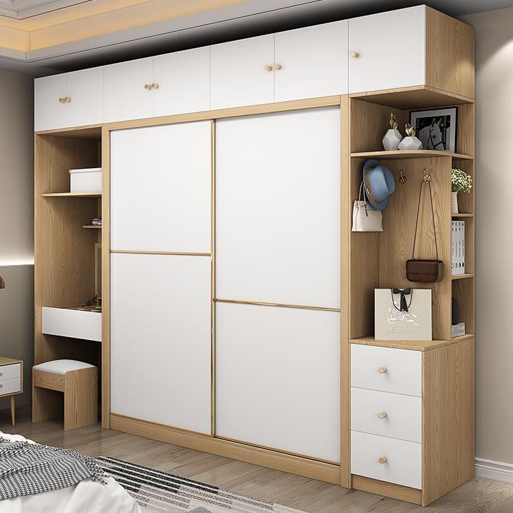 2 Door Clothes Rail Wardrobe Engineered Wood Industrial ArmoireLight Wood Finish