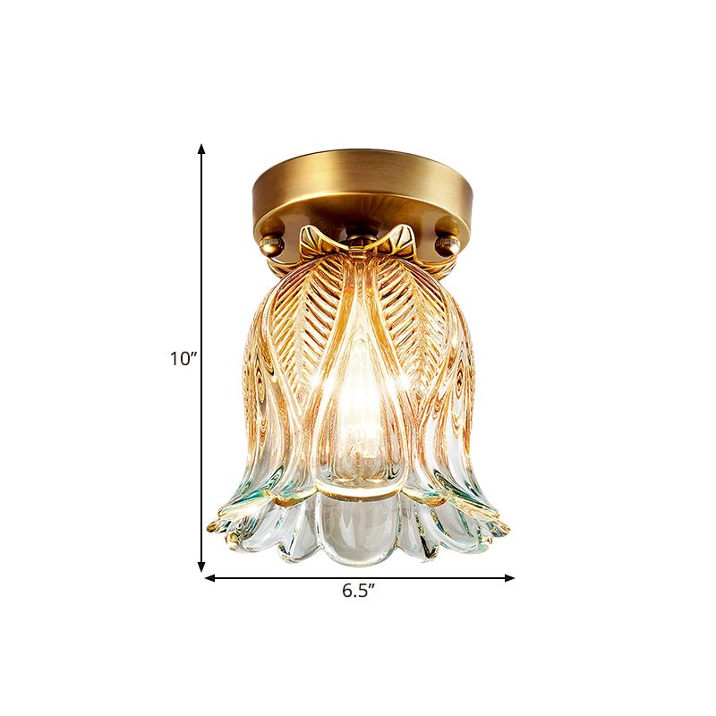 Single Light Flush Mount Lighting Farmhouse Flower Lattice Clear Glass Ceiling Lamp Fixture in Brass