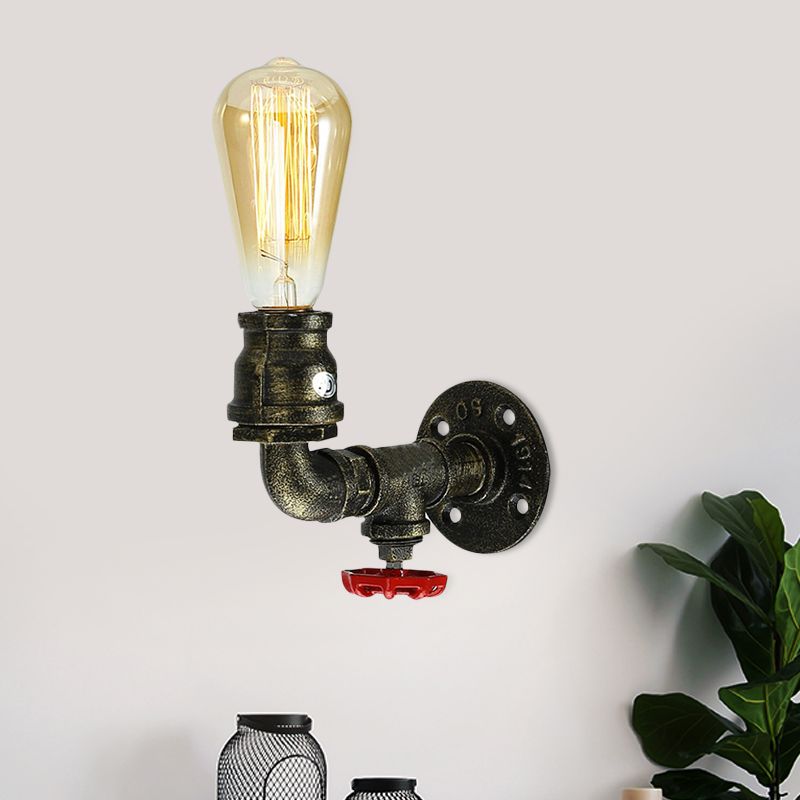 Bronze Plumbing Pipe Sconce Light Factory Metal 1 Bulb Restaurant Wall Lamp with Water Valve, 1/2 Packs