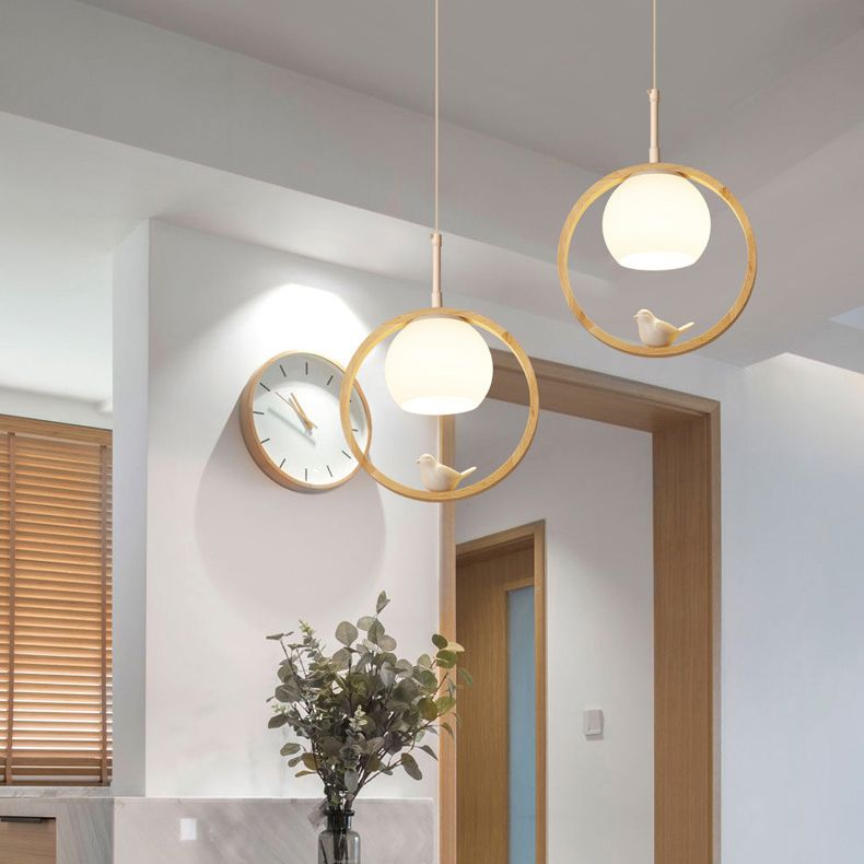 Dome Shade White Glass Pendant Nordic Style Wood Suspension Light with Ring and Bird