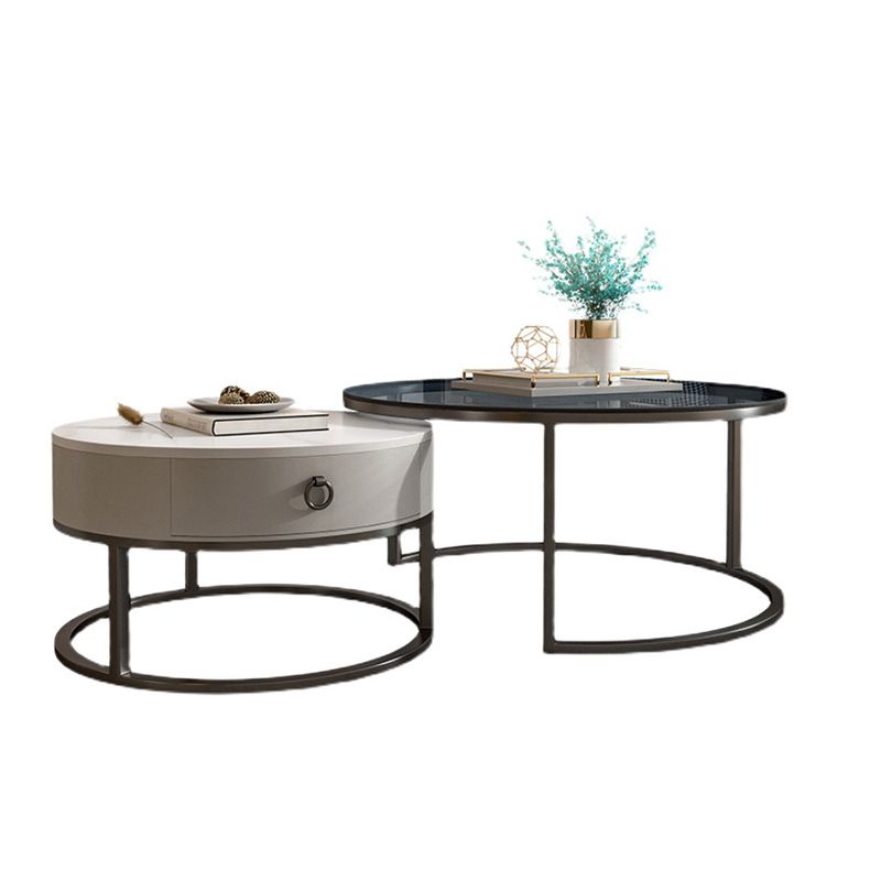 Round Glass Top Coffee Table Contemporary Frame Coffee Cocktail Table with Drawers