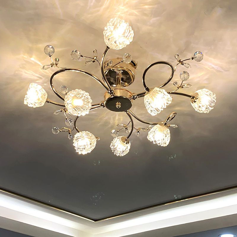 Lampe semi-affleurante en métal doré, éclairage de plafond traditionnel pour chambre à coucher avec abat-jour en verre fleuri
