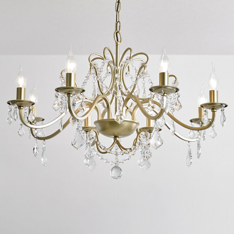 Traditional Curved Arm Down Lighting Pendant Crystal Chandelier Lighting in Gold