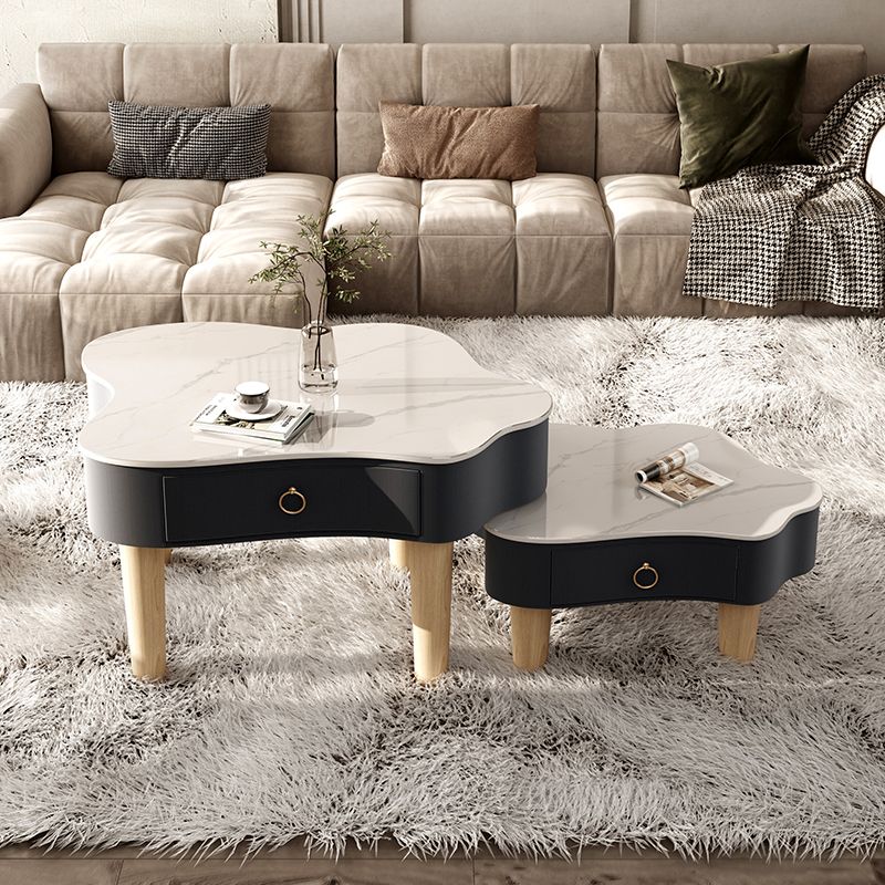 Modern Free Form Slate Cocktail Table Wood 4 Legs Coffee Table with Drawers