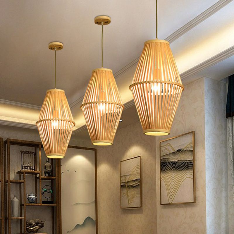 Cage Restaurant Pendant Lamp Bamboo 1 Bulb Modern Style Hanging Light in Beige