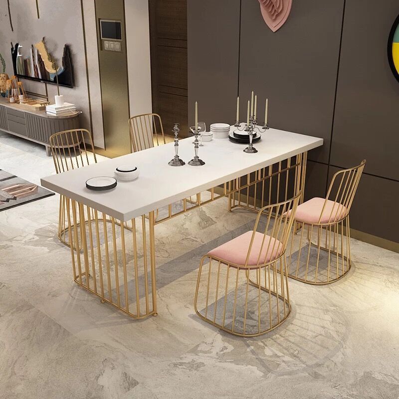 Rectangle Golden Base Dining Table Modern Wood Table for Dining Room
