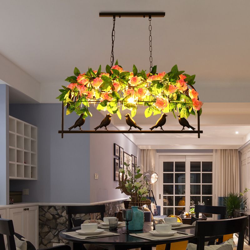 Industrial Birdcage Island Light Fixture 1/3-Light Iron Down Lighting Pendant in Black with Rose Decoration