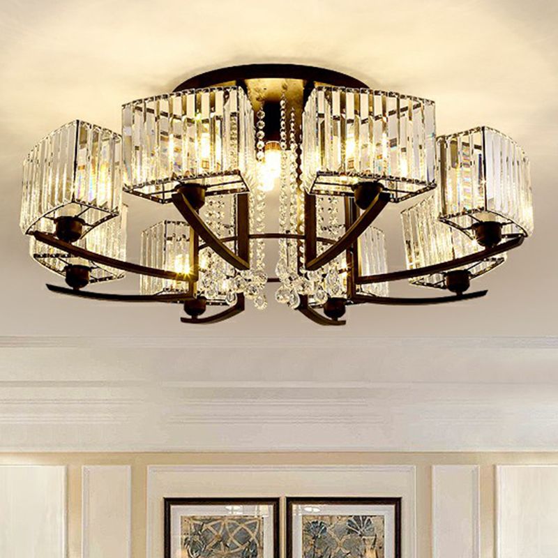 Rectangle Bedroom Semi Flush Ceiling Light Crystal Contemporary Flush Mount Lamp in Black