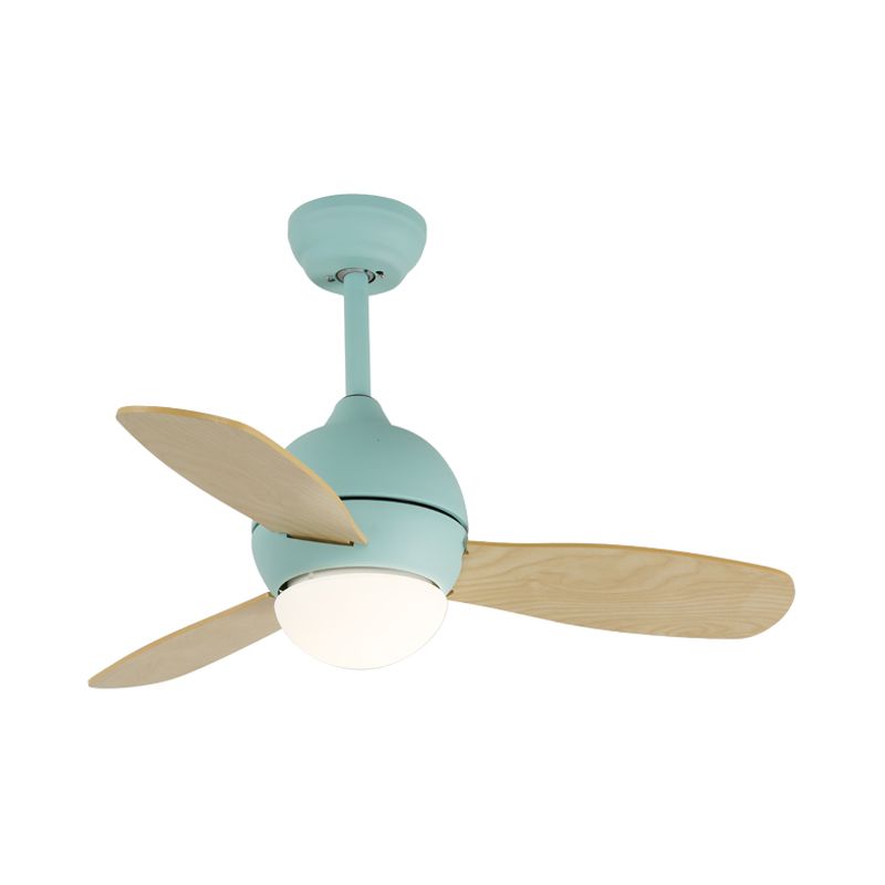 Dome Kids Bedroom Pendant Fan Lamp Metal 36" W LED Modern Semi Flush Ceiling Light in White/Yellow/Blue with Wall/Remote Control, 3 Wood Blades