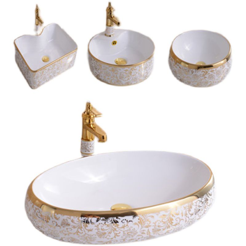 Traditional Vessel Bathroom Sink Oval Porcelain with Overflow Vessel