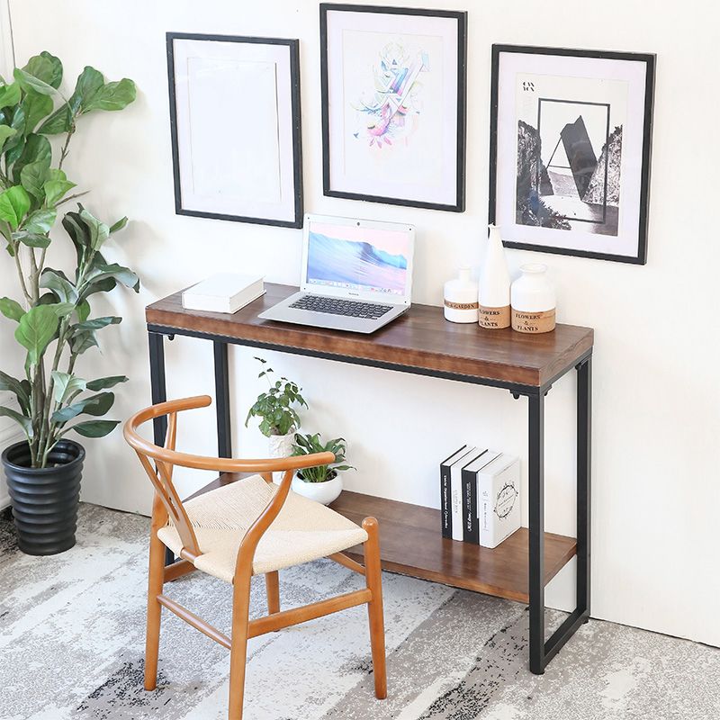 Storage Console Table Trestle Solid Wood Console Table in Brone with Shelf