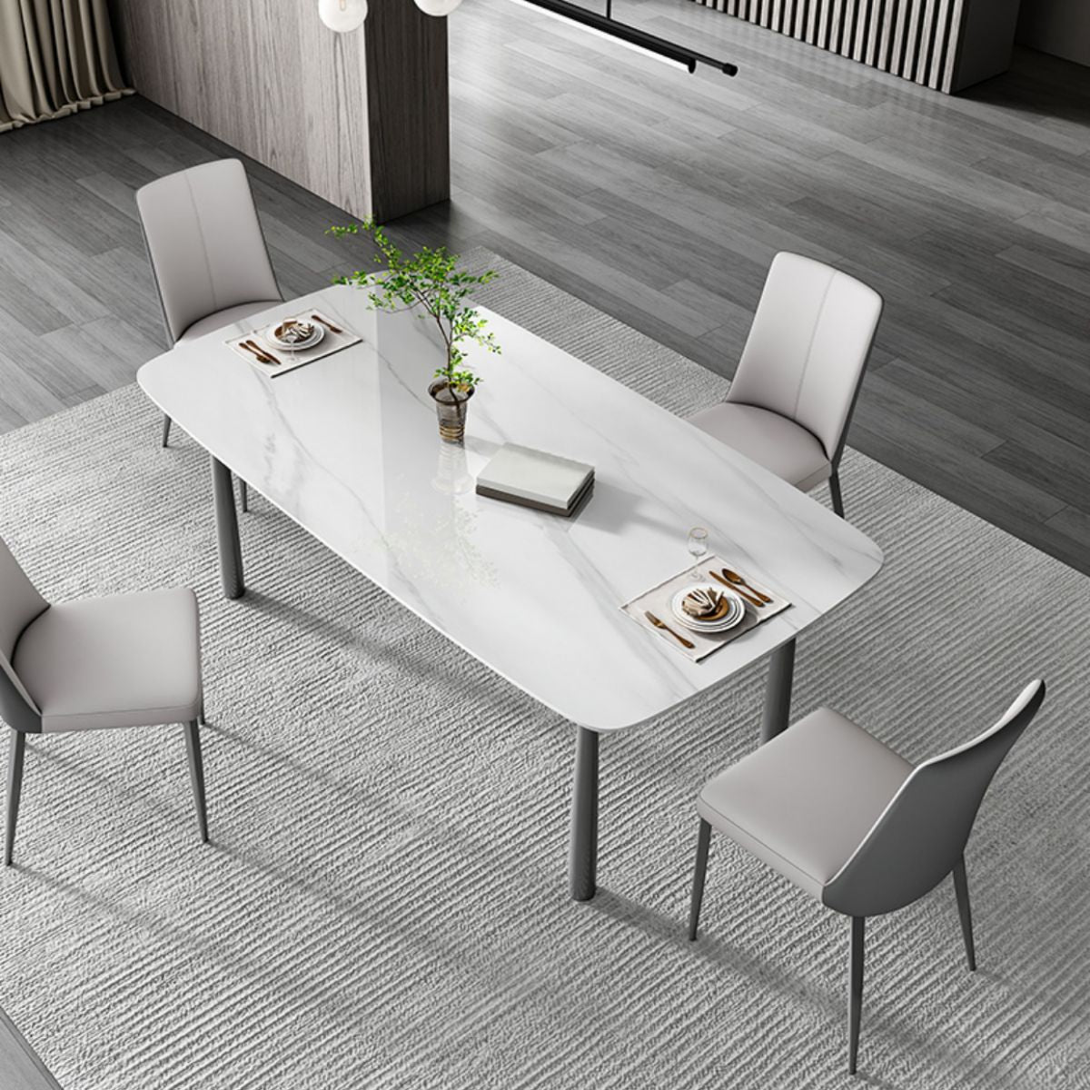 Contemporary Rectangular Stone Dining Table with Stainless Steel Legs