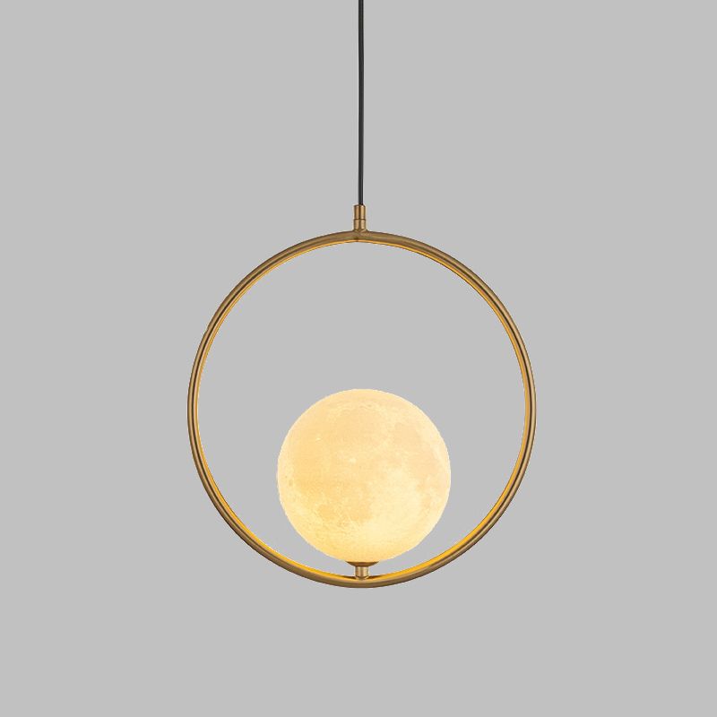 Globe Pendant Lighting Contemporary Frosted White Glass 1 Head Gold Ceiling Lamp with Metal Ring