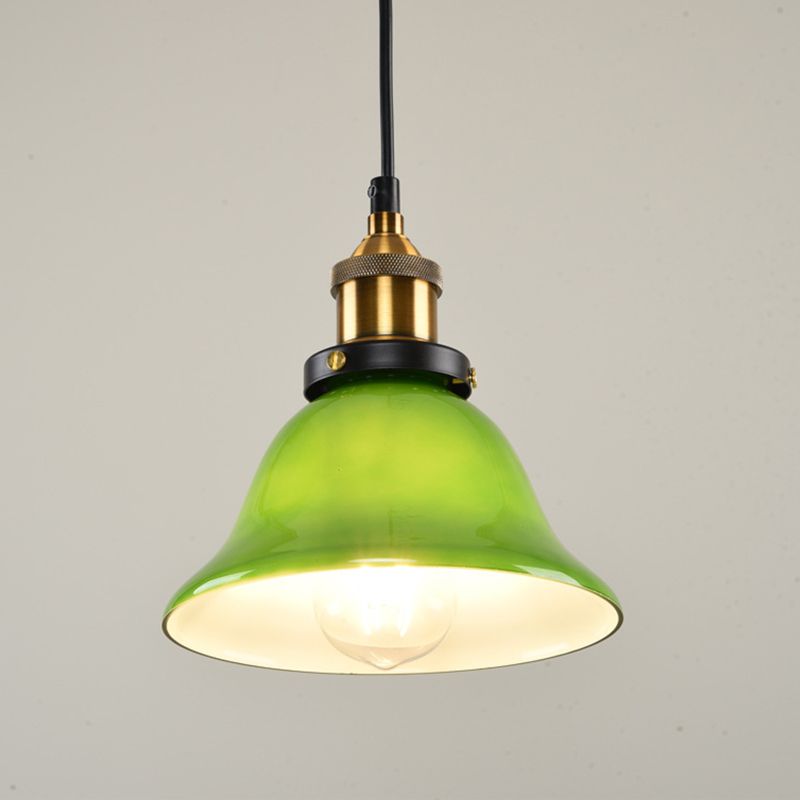 1-Light Carillon Suspension Pendant Vintage Brass Green Glass Hanging Light Fixture for Guest Room, 8"/10" Width