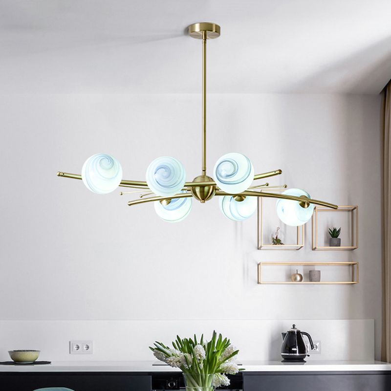 Spherical Frosted Glass Ceiling Light Modern 6-Head Gold Chandelier Lamp for Dining Room