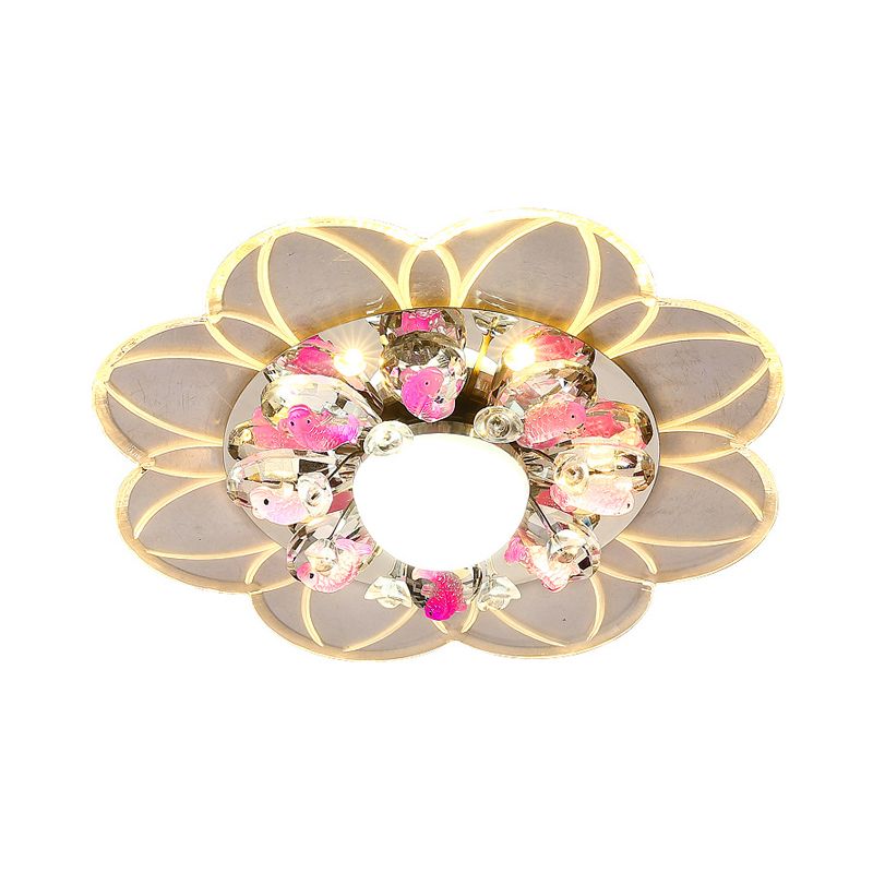 Modernist Flower Ceiling Flush LED Beveled Crystal Flush Mount Lighting Fixture with Fish Design in Warm/Blue/Pink Light