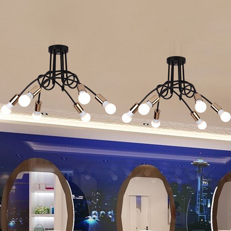 Iluminación de montaje semiempotrado trenzado negro/dorado con bombilla abierta, lámpara de techo de cocina de metal industrial de 3/5/6 luces