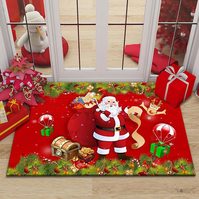 Red Modern Rug Polyester Santa Claus Rug Washable Rug for Living Room