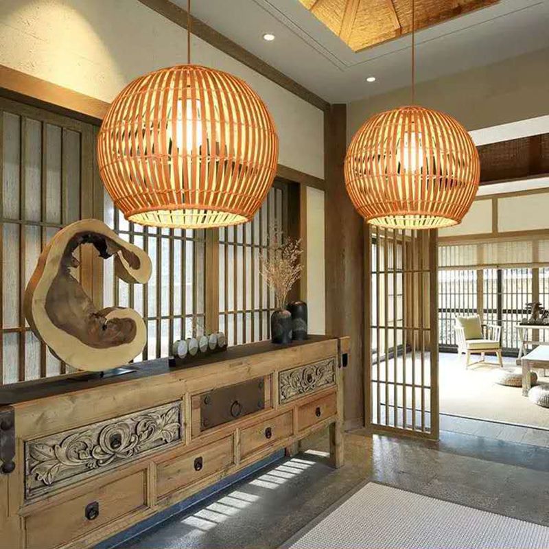 Spherical Hand-Woven Pendant Asia Art Deco 1 Bulb Bamboo Hanging Light for Dining Table