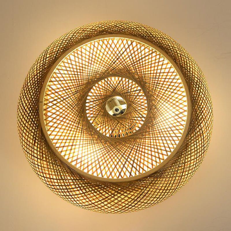 Lámpara de techo de 3 luces con forma de tambor de estilo creativo asiático, montaje empotrado de arte tejido de bambú para pasillo