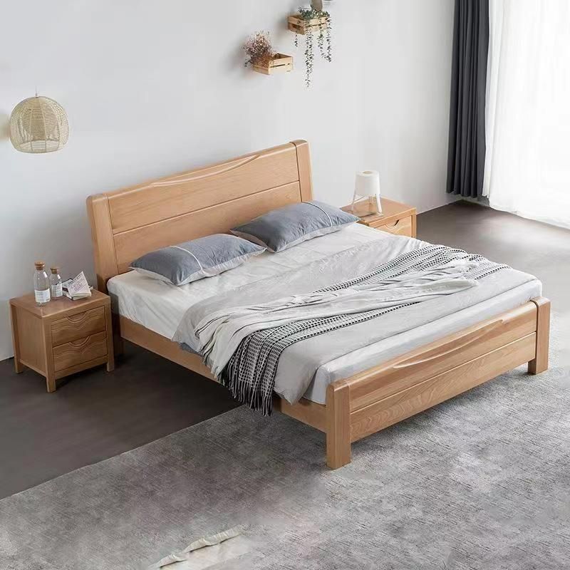 Traditional Style Bed Frame Beech Solid Color Bed with Headboard