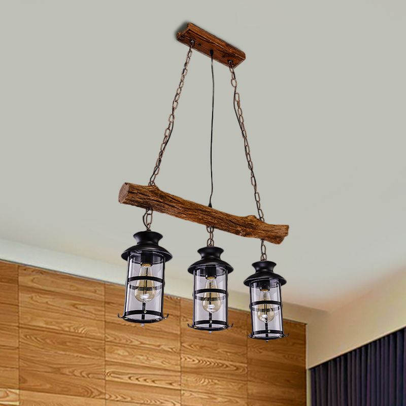 Brown 2/3-Bulb Island Lighting Ideas Nautical Clear Glass Cylinder Cluster Pendant with Wood Design