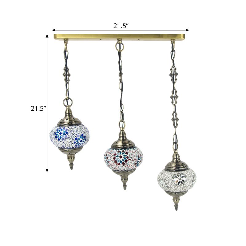 3 Heads Stained Art Glass Suspension Lamp Vintage Red/Yellow/Green Oval Bedroom Cluster Pendant