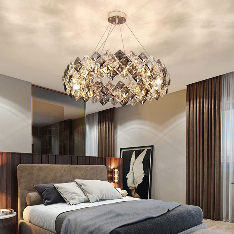 Contemporary Style Chandelier Lighting Fixtures Grey + Clear Crystal Hanging Lights for Living Room