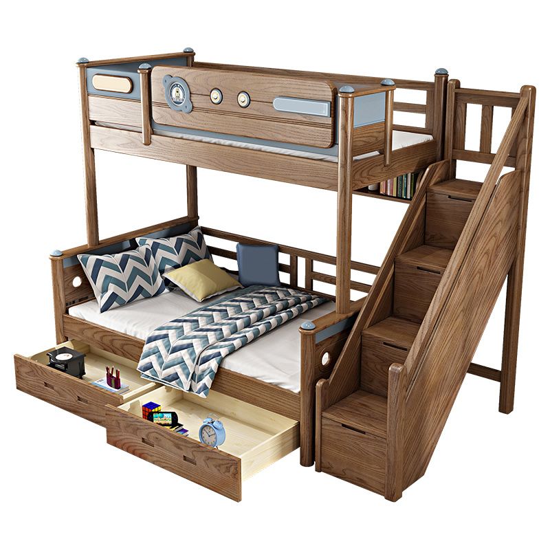 Brown Ash Standard Bunk Bed Solid Wood Scandinavian Bed with Guardrail
