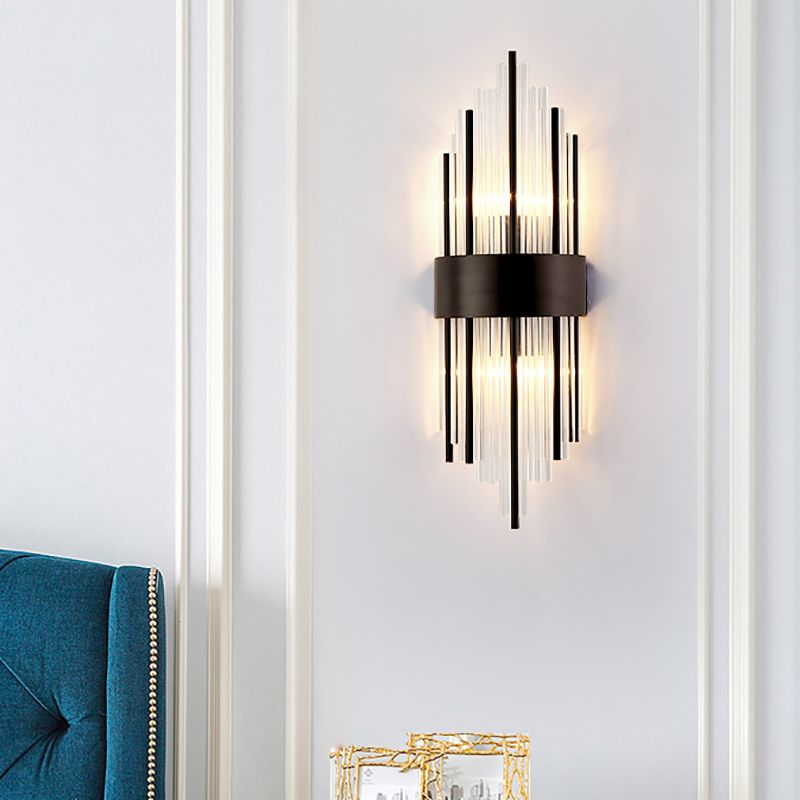 1/2-Light Metal Wall Light Modernisme finition noire Lumière d'applications linéaires avec un cristal de prisme clair pour le salon