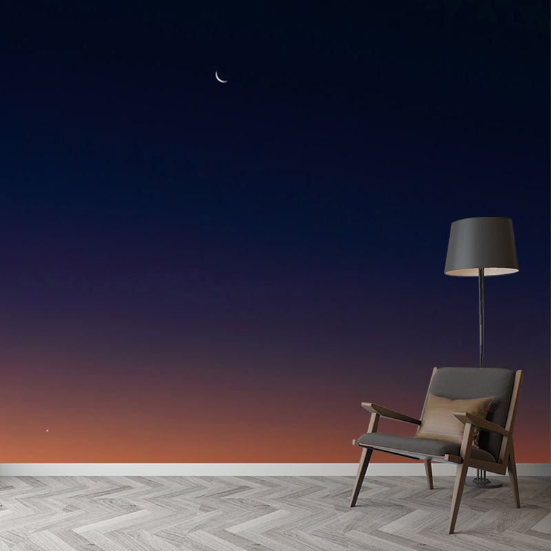 Orange-Blue Modern Style Mural Big Night Sky with Distant Crescent Wall Decor for Home