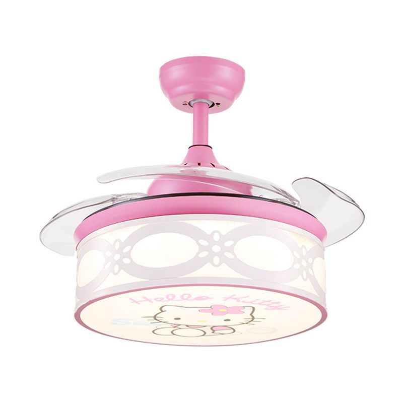 4 Blades Drum Semi Flush Mount Lamp Kids Metal Bedroom 36" W LED Hanging Pendant Fan Light in White/Pink with Cartoon Cat Pattern, Remote/Wall and Remote Control