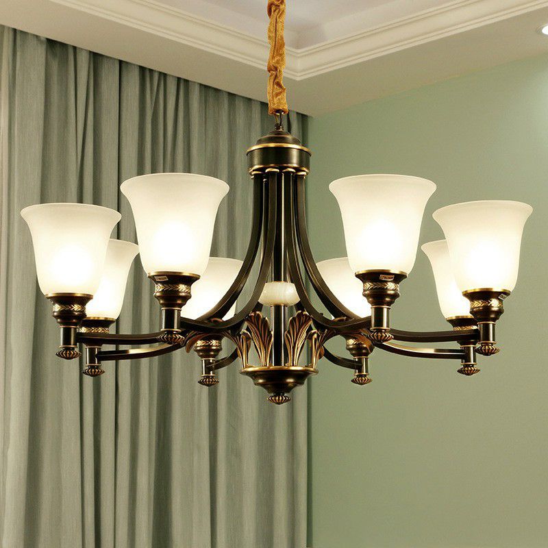 Cream Glass Flared Shade Chandelier Pendant Light Vintage Living Room Hanging Light in Black