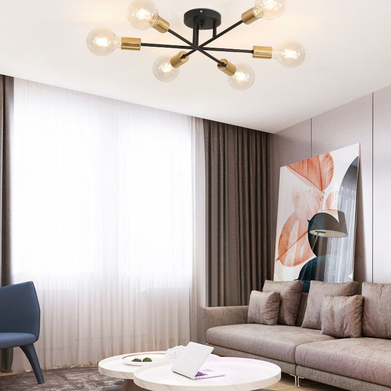 27.5 Inches Wide Bare Bulb Ceiling Lighting Fixture 6-Lights Industrial Style Simplicity Metal Semi Flush Mount Lamp