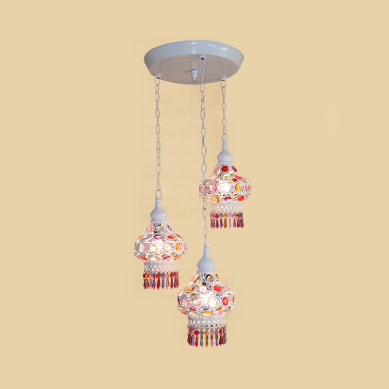 Metal Red/Blue Cluster Pendant Light Lantern 3 Heads Bohemian Ceiling Lamp with Round/Linear Canopy