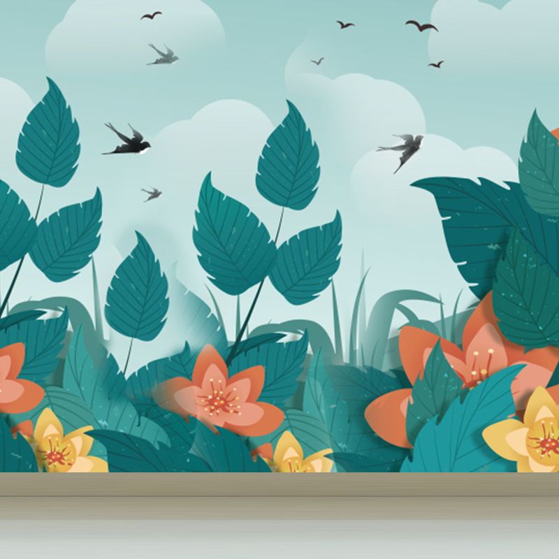 Turquoise Birds and Botanical Mural Moisture Resistant Tropical Bathroom Wall Covering