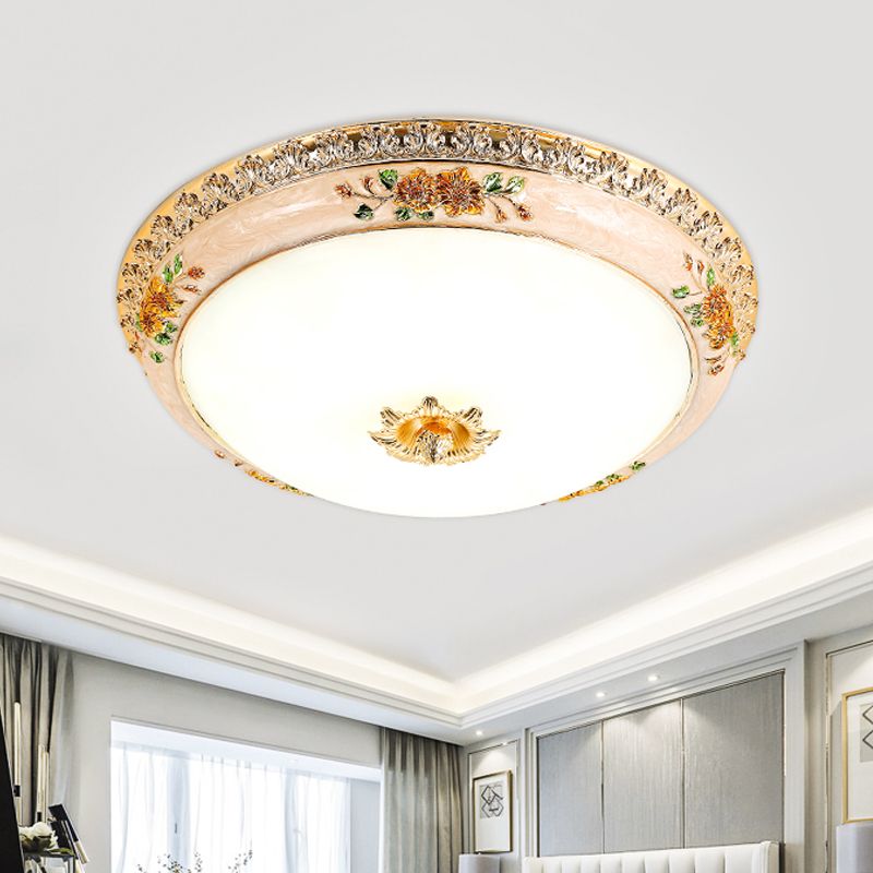Resin Carved Floral Flushmount Lamp Korea Countryside LED Bedroom Flush Ceiling Light in Gold