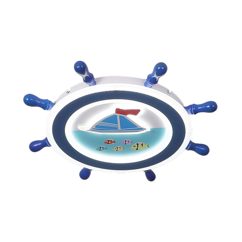Nautical Rudder Flush Mount Pendant Fixture Acrylic LED Bedroom Ceiling Lighting with Sailboat Pattern in Blue and White