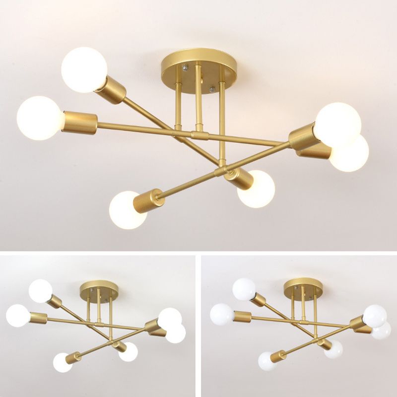 6-Lights Industrial Style Ceiling Lamp Metal Linear Arm Bare Bulb Flush Mount Lighting Fixture for Bedroom Living Room