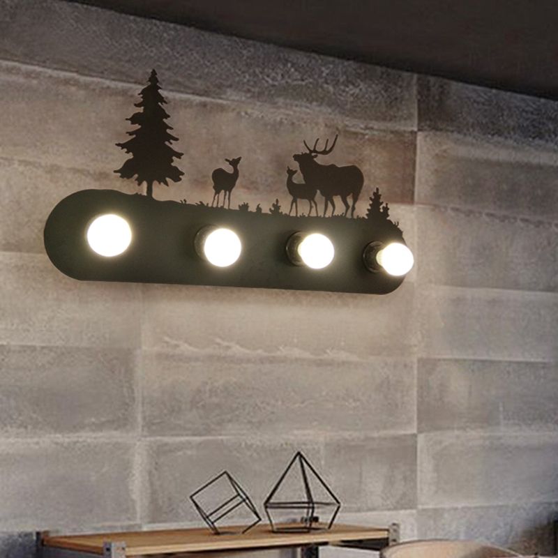Lodge Open Bulb Wall Light with Elk/Horse/Sheep/Mountain/Windmill/Tree Design 4 Bulbs Metallic Wall Sconce in Black for Indoor