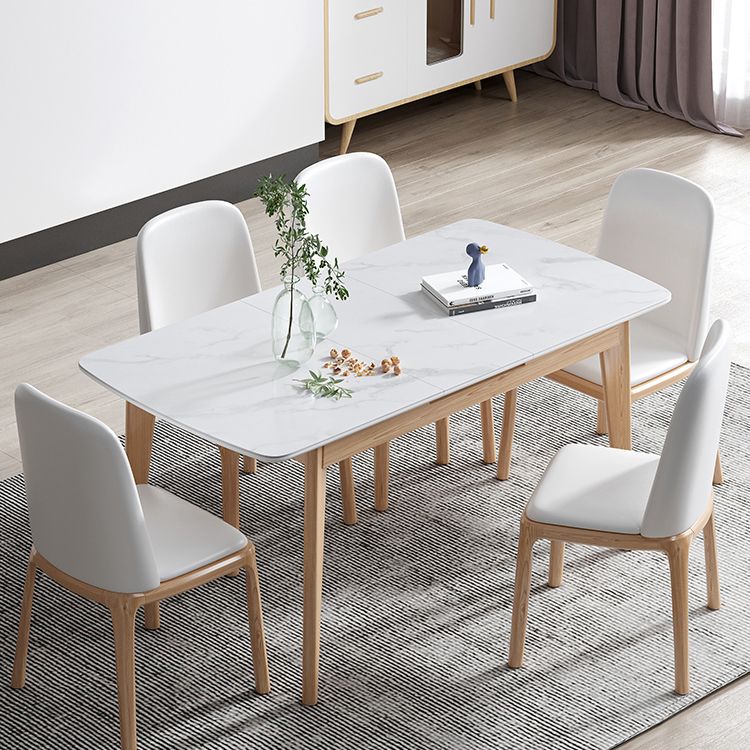 Sintered Stone Top Extendable Table in White Kitchen Table with Ash Wood Base and 4 Legs