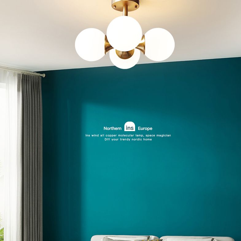 Lampada semifulina camera da letto a filo con soffitto bianco in stile minimalista con tonalità di vetro rotondo