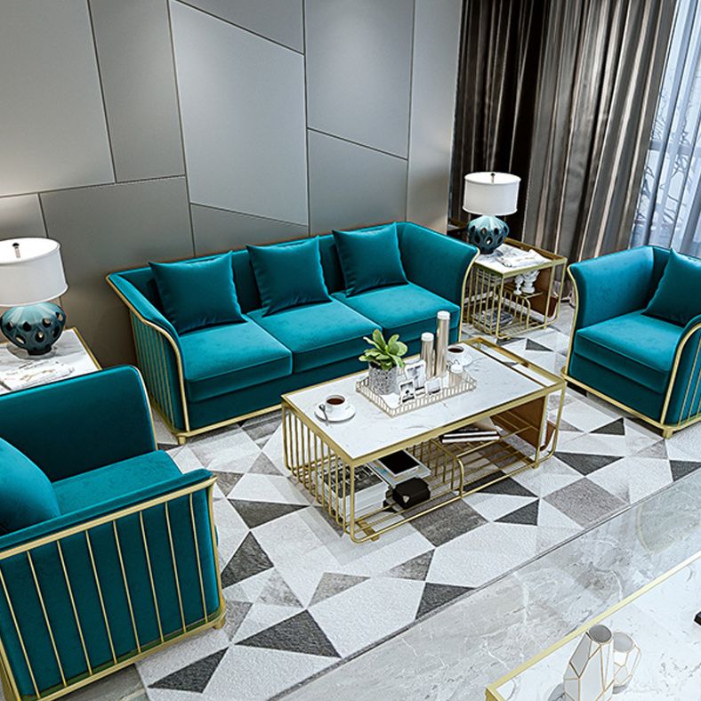 27.5" H Contemporary Blue Velvet Tuxedo Arm Sofa with Pillows